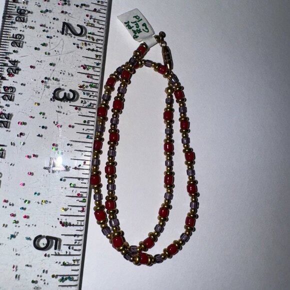 14" Long Red, Purple, and Gold Beaded Necklace - Picture 7 of 12